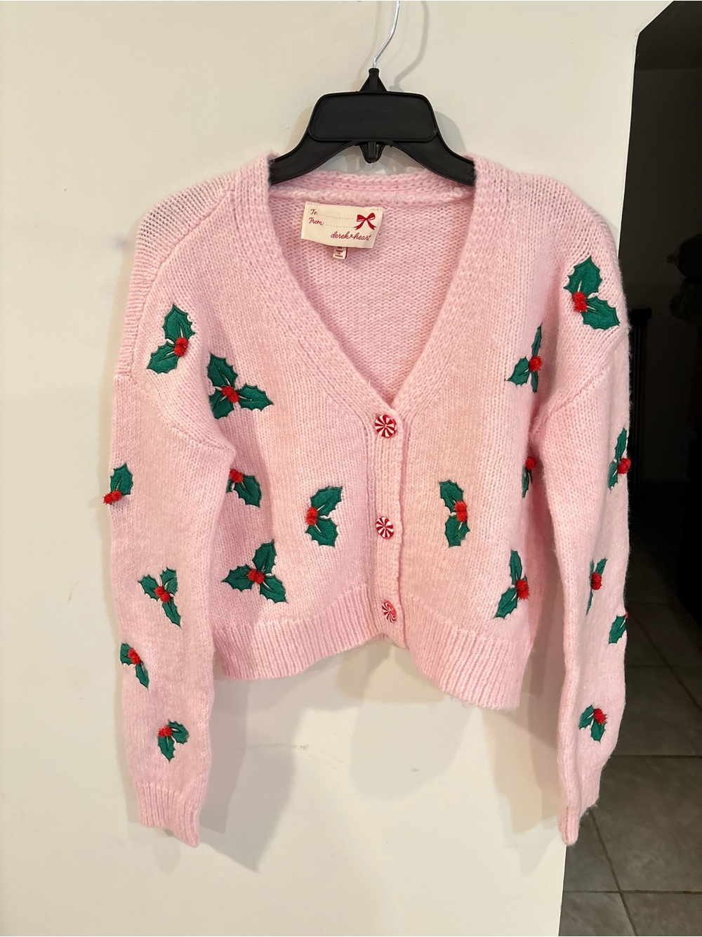 Derek Heart Pink V-Neck Holly Embroidered Cardigan